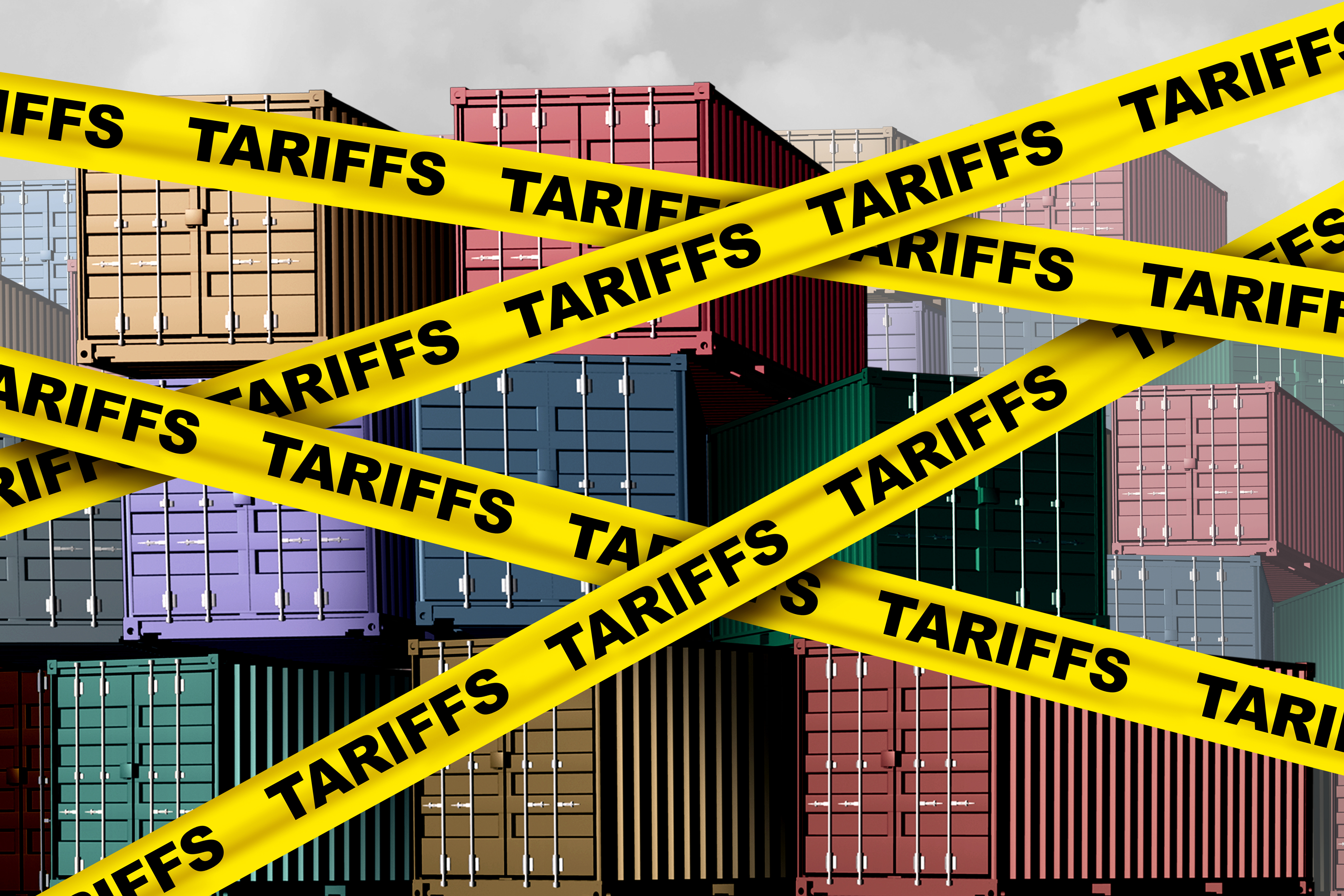 Artist's representation of cargo shipping containers with yellow banners in front labeled with the word "tariff"