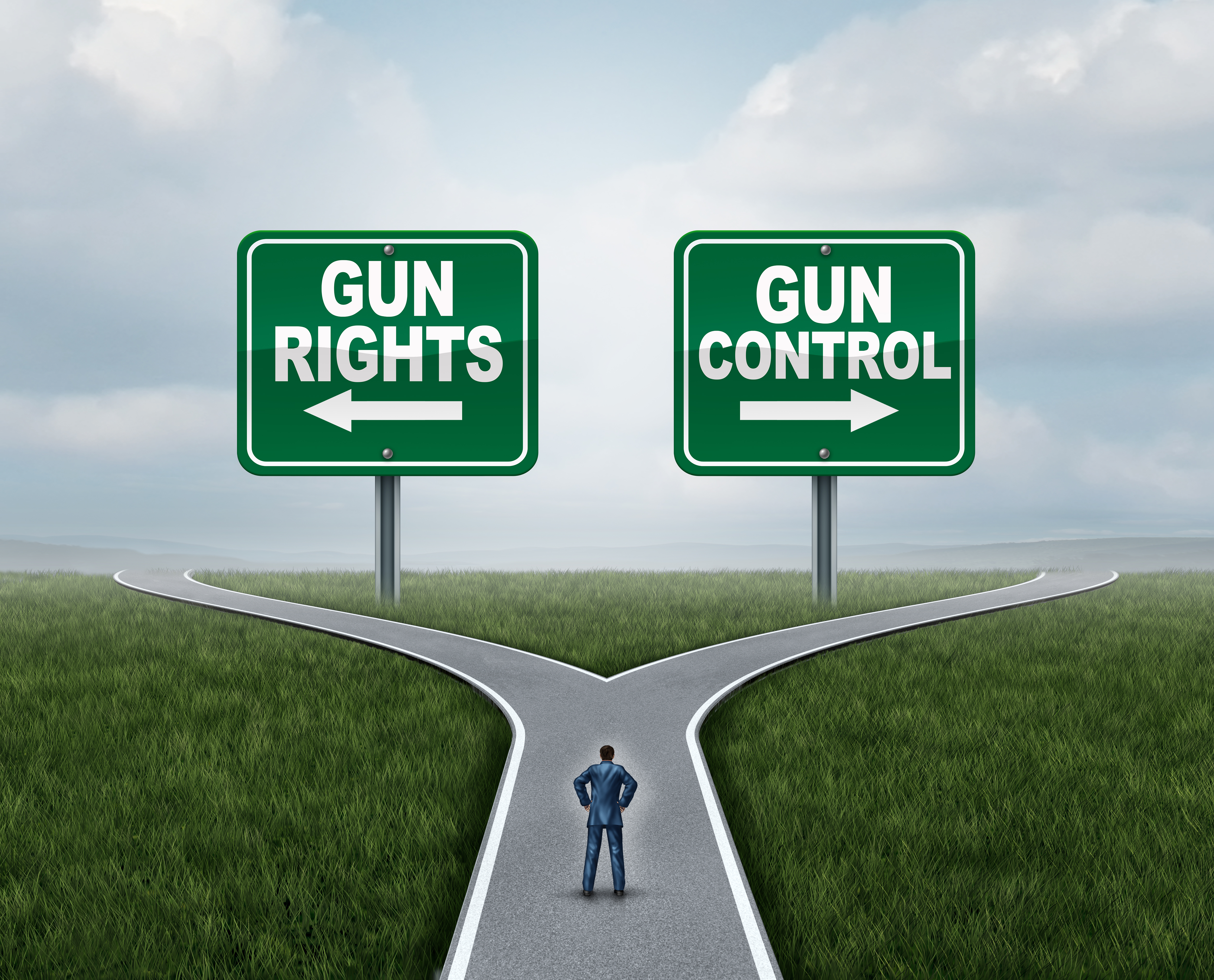 Illustration of a person on a road with diverging paths. Two signs are on the horizon. On the left is a sign with an arrow pointing left reading "gun rights." On the right is a sign with an arrow pointing right reading "gun control."