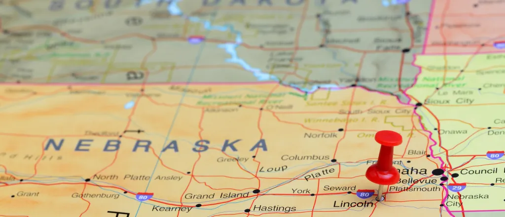 Map of the state of Nebraska, showing portions of surrounding states.