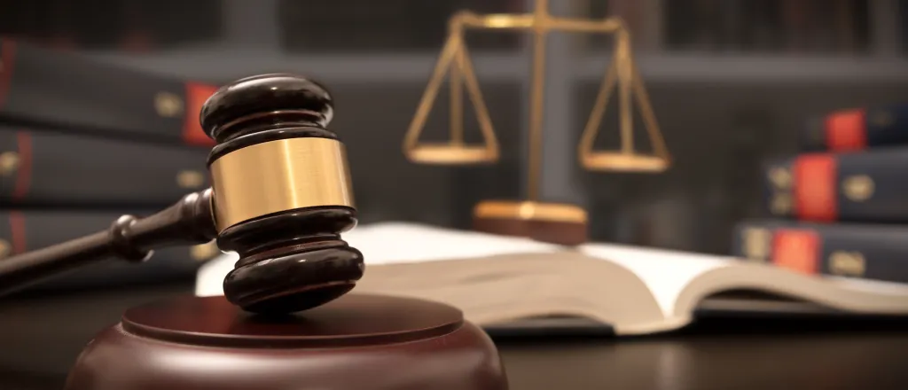 Court gavel on a strike plate, with the Scales of Justice and books in the background