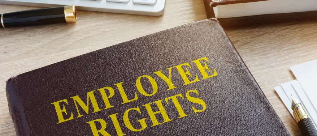 Book titled "Employee Rights" on a desk near pens, a computer keyboard, and another book