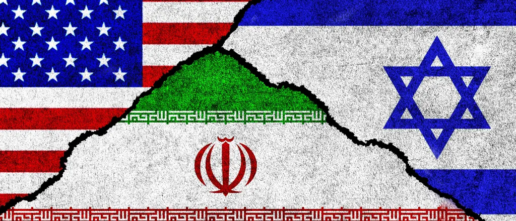 Portions of the flags of the United States, Israel, and Iran in a collage format.