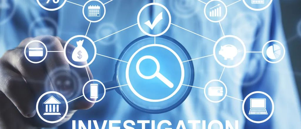 Concept artwork with a person in the background pointing forward. In the foreground are symbols of various forms of crime and criminal investigation.