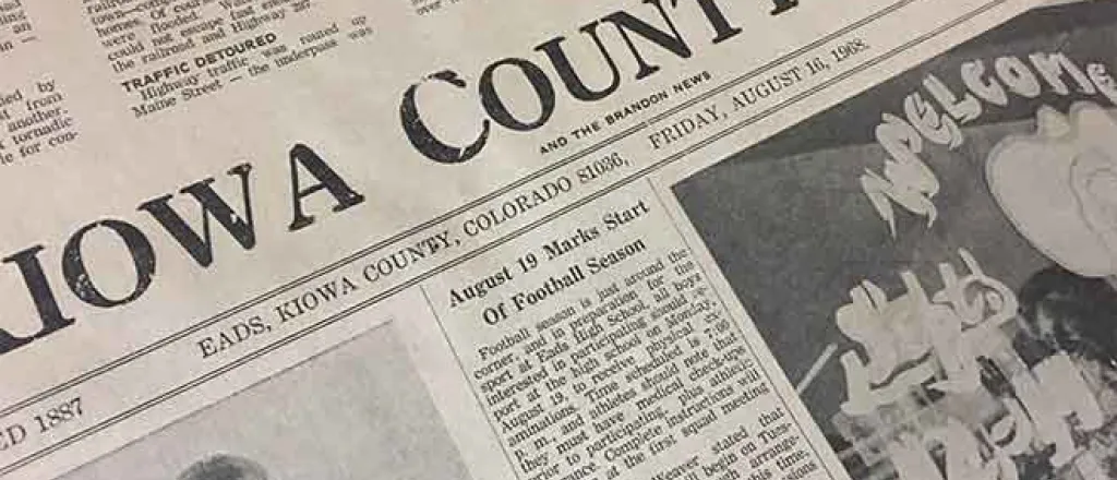 Close up of the front page of the Kiowa County Press from August 16, 1968.