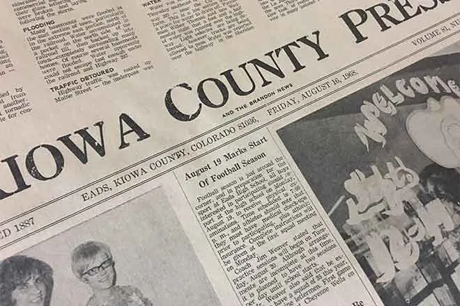 Close up of the front page of the Kiowa County Press from August 16, 1968.