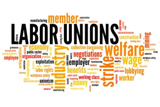 Word cloud for business and organized labor, with the words "Labor Union" most prominent