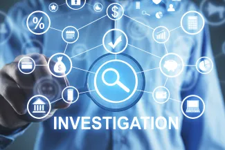 Concept artwork with a person in the background pointing forward. In the foreground are symbols of various forms of crime and criminal investigation.