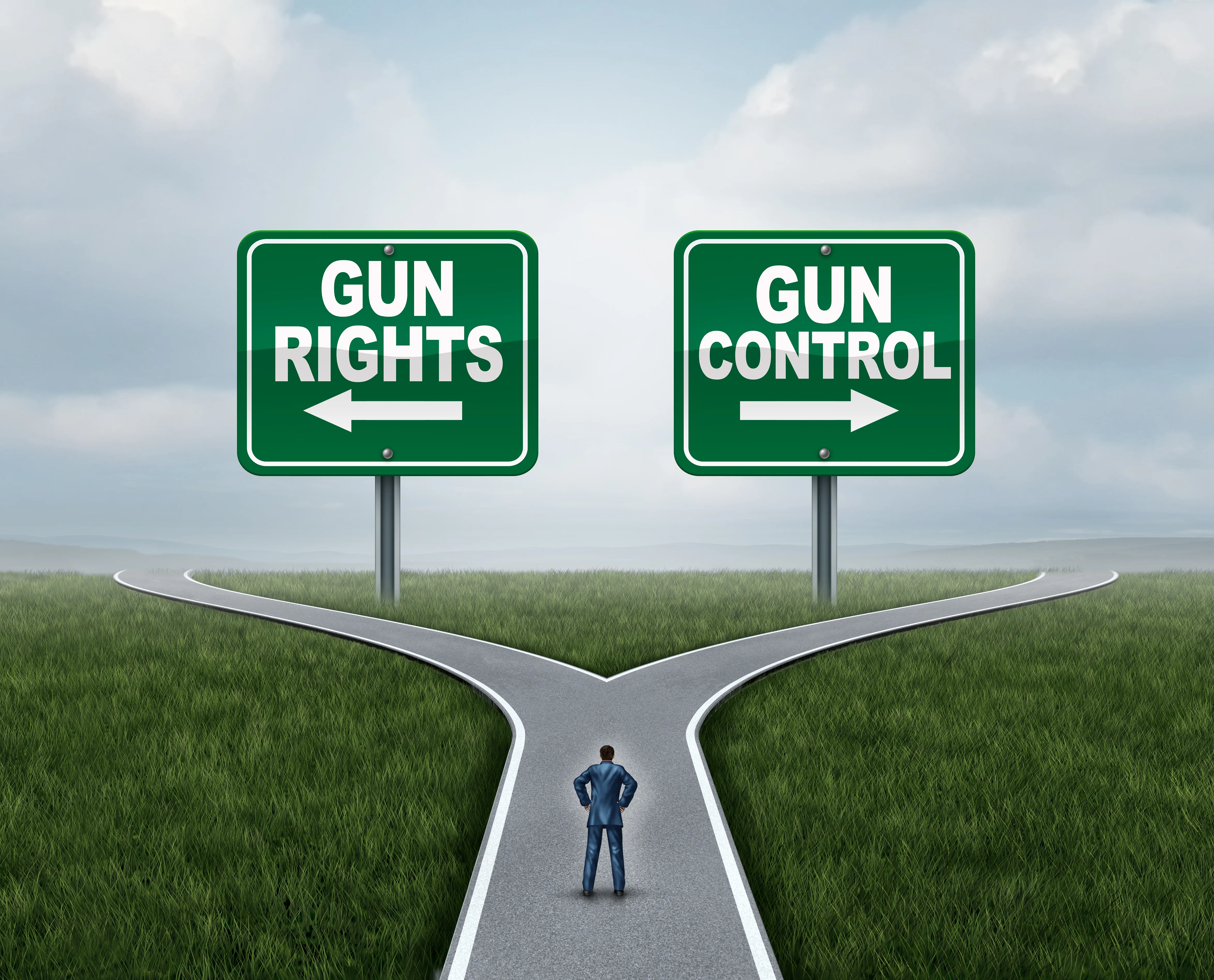 Illustration of a person on a road with diverging paths. Two signs are on the horizon. On the left is a sign with an arrow pointing left reading "gun rights." On the right is a sign with an arrow pointing right reading "gun control."